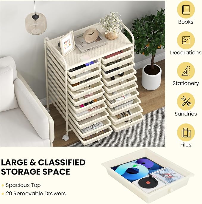 LDAILY 20-Drawer Rolling Storage Cart, Rolling Storage Cart, Storage Organizer on Wheels, Metal Frame, Scrapbook Paper Tools, Suitable for Office School, Classroom (White, 20 Drawer)
