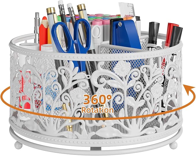 EKNITEY Rotating Mesh Desk Organizer - 4 Slots Cute Pen Pencil Holder Caddy for Office Art Supplies Home School Classroom White