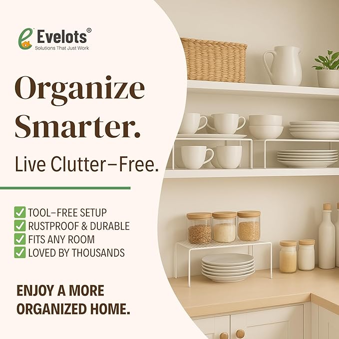 Evelots Kitchen Cabinet Wire Shelf Organizer/Rack - 4 Pack Sturdy Large Metal Shelf Risers - Double Your Counter Space - Great for Kitchen, Freezer, Pantry and Bathroom - Rustproof - White