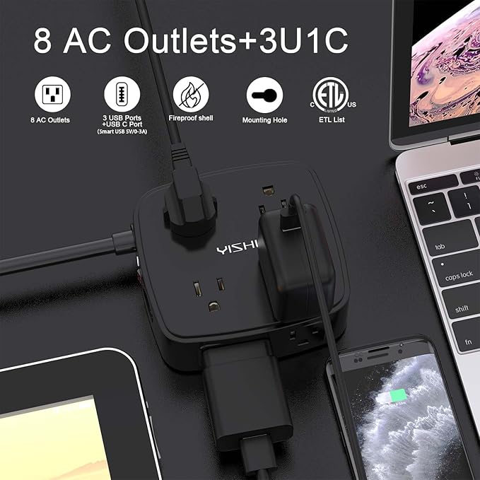 10 Ft Surge Protector Power Strip - 8 Widely Outlets with 4 USB Ports, 3 Side Outlet Extender with 10 Feet Extension Cord, Flat Plug, Wall Mount, Desk USB Charging Station, ETL, Black