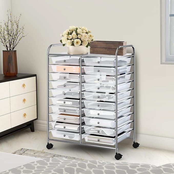 DREAMADE Rolling Cart with Storage Drawers, Utility Cart with Removable Plastic Drawers, Lockable Wheels, Art Cart for Classroom Organization Art Supplies Office Scrapbook (20 Drawers, Transparent)