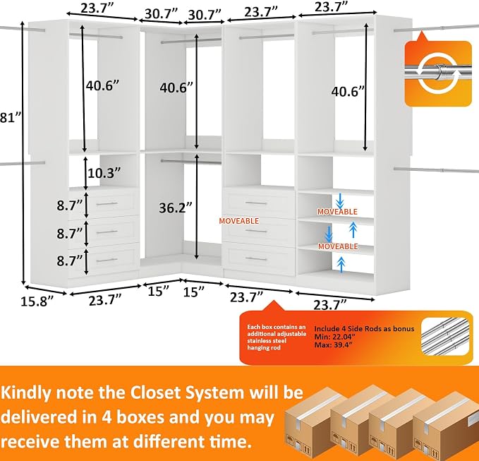 Closet System with 6 Wooden Drawers, 4.5-21.6FT L-Shaped Corner Organizer Systems with 6 Shelves & 9 Hanging Rods, Modular Closet Storage System for Walk in Closet, 2800+ Lbs Capacity,4 Sets