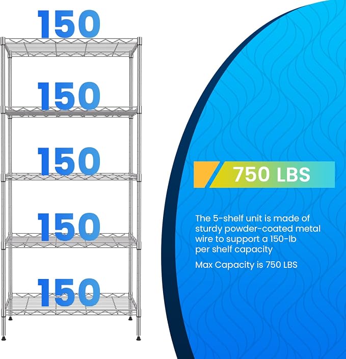 PayLessHere Shelf Metal Shelf Wire Shelving NSF Certified 5 Tier Adjustable Shelf Versatile Storage Solution Steel Organizer Wire Rack Easy Assembly, Chrome