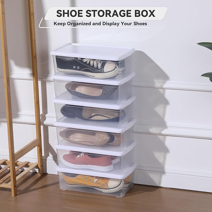 novelinks 12 Pack 6QT Plastic Storage Bins with Lids, Shoe Boxes (White) | Clear Shoe Storage Boxes, Shoe Boxes Clear Plastic Stackable, Shoe Bins, Shoe Containers, Craft Organizers and Storage