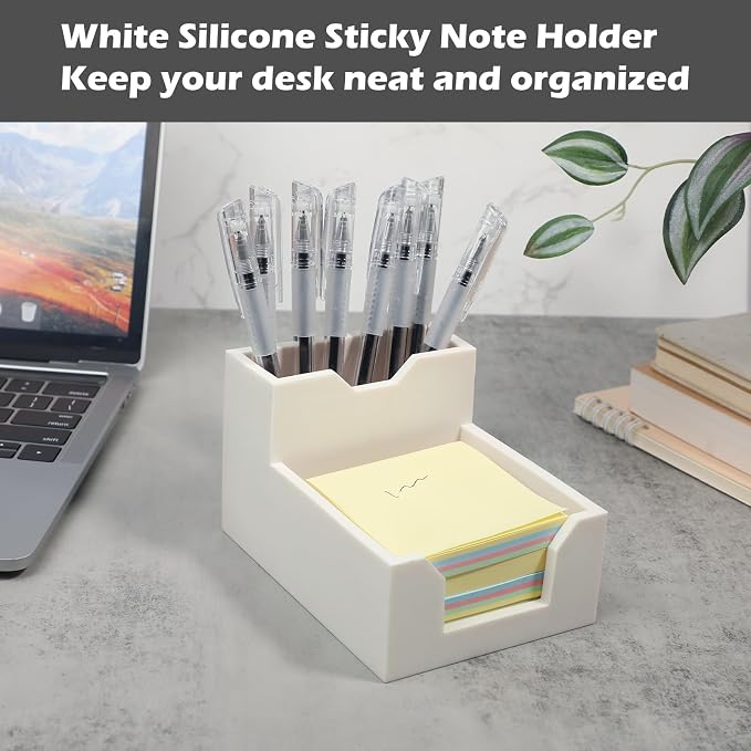 White Sticky Note Holder, Silicone Memo Holder with Pen or Card Slots, Sticky Note Dispenser, Fits 3x3 Inches Sticky Notes, Post It Note Dispenser for Office Desk Accessories