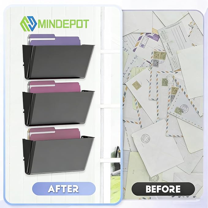 MINDEPOT 3 Pockets Acrylic Wall File Organizer, Clear Wall File Holder, Plastic Hanging Wall File Holder for Office, School and Home, Black