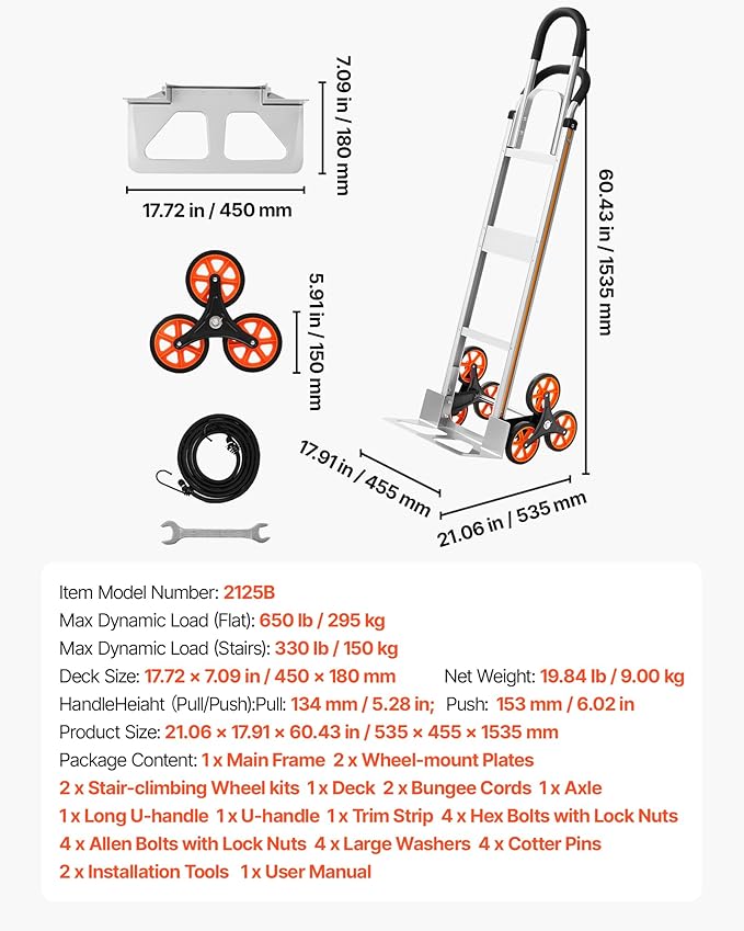 VEVOR 2 in 1 Aluminum Hand Truck 650 lbs, Convertible Hand Truck with 6 Wheels & Dual Handles, Integrated Frame Multipurpose Stair Climber for Home Shopping Moving Warehouse