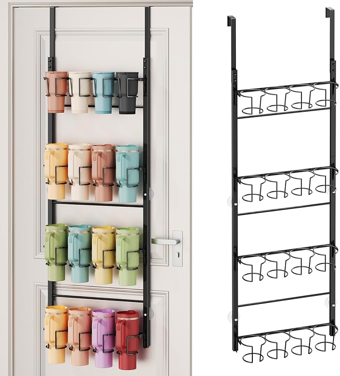 SWTYMIKI 4-Tier Water Bottle Organizer – Over the Door Stanley Cup Holder, Cup Organizer for Door or Wall Mount Option, Stanley Accessories for Pantry, Dorm, Office, RV Use, Black
