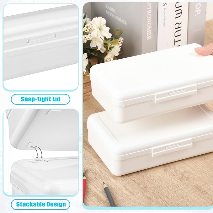 Blulu 6 Pack Large Plastic Pencil Case Box Clear Pencil Boxes Bulk Hard Crayon Box Storage with Snap Lids 8.1 x 4.7 x 2.2 Inch Painting Organizer Classroom Stationery School Supplies (White)