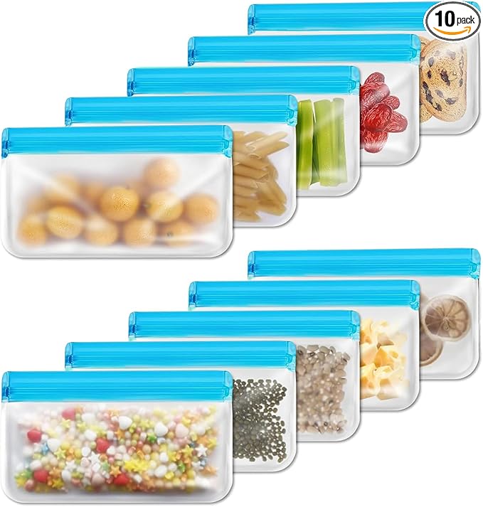 10 Pack Reusable Snack Bags, Extra Thick BPA Free, Dishwasher & Freezer Safe Food Storage Bags for Lunch, Snacks & Home Organization (Blue, 10 Pack Snack Bags) | 8.6"W × 5.3"H