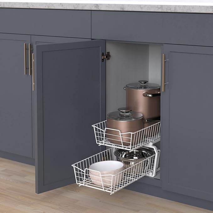ClosetMaid 11 in. Pull Out Cabinet Organizer, 2 Tier, Heavy Duty, Slide Out Pantry Shelves Drawers for Kitchen, Bathroom, White