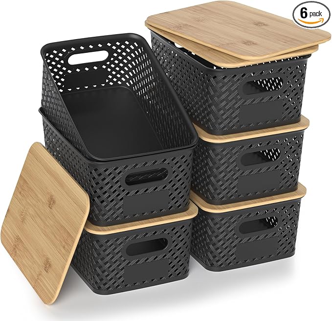 Plastic Storage Bins with Bamboo Lids, Stackable Small Box Baskets for Organizing and Containers for Shelves Drawers Desktop Closet Pantry Classroom Office Home, 6 Pack 10.2x7.2x4.1 Inch, Black