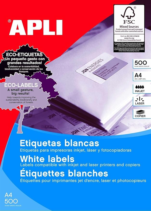 APLI 1795 Box of 500 Sheets Polyvalent Labels 105 x 42.4 mm White