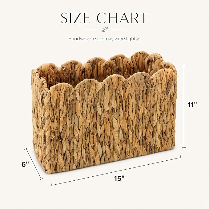 Water Hyacinth Magazine Holder, Tall Narrow Scalloped Basket | Wicker Book Basket Natural Water Hyacinth Scalloped Edge Magazine Basket Desk, Office, Entryway Storage 15"L x 6"W x 11"H