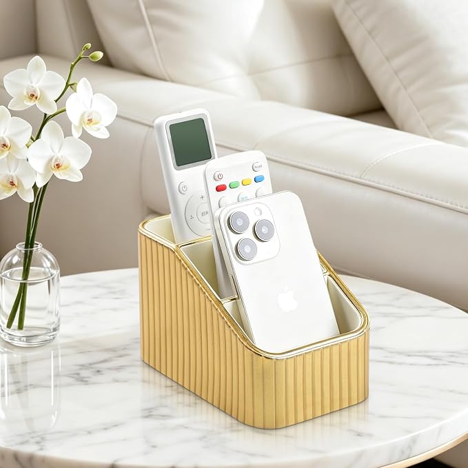Remote Control Holder, PU Leather Nightstand Organizer, Gold | 3-compartment Remote Bedside Caddy, Soft Velvet Lining, Small Desk Organizer for Remote/Pen/Glasses/Phone