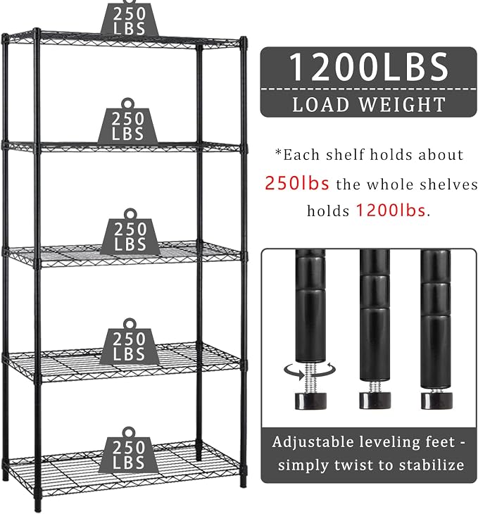 5 Tier Metal Shelving Unit Adjustable Wire Storage Shelves NSF Metal Storage Rack Shelf Organizer Kitchen Storage for Pantry Office, 1200Lbs Capacity, 72" H x 36" W x 14" D, Black