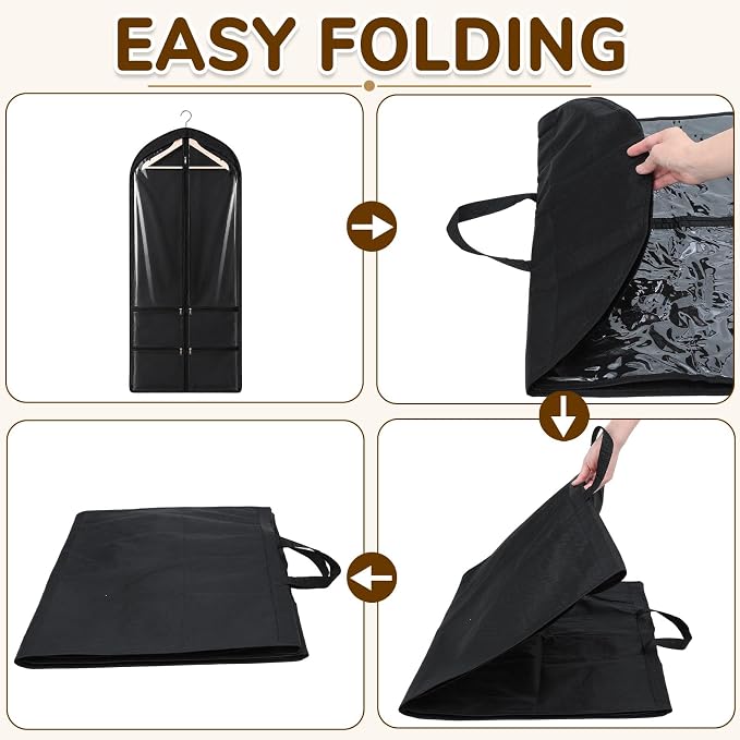 Tranqun 12 Pack 65" Long Wedding Garment Bags for Gowns 4" Gusseted Clear Dress Travel Bag for Hanging Clothes Foldable Wedding Dress Cover with 4 Zipper Pockets for Closet Storage and Travel (Black)