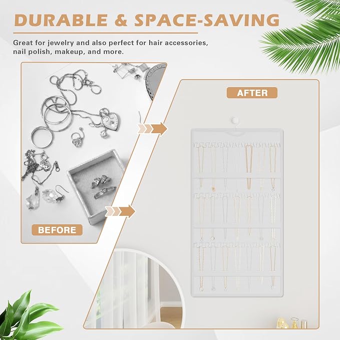 Hanging Jewelry Organizer, Double-Sided Necklaces Holder, White | 42 clear pockets organize rings & earrings; 36 wire necklace hooks reduce tangles; top hook hangs in closets, walls or doors.