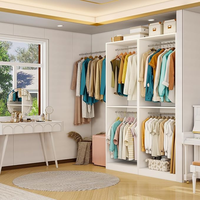 Closet System with 3 Hanging Rods& Shelf , 2FT Small Closet Organizer System Storage Wood with Extra Side Hanging Rod for Walk in Closet, Adjustable Modular Closet Systems Customize, White(2FT)