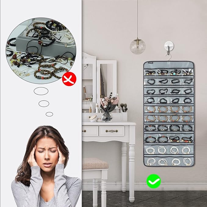 Dual-sided Hanging Jewelry Organizer with 40 Pockets and 20 Hook Loops Necklace Holder Jewelries Organizer for Earrings Bracelets Rings with 360 Degree Rotating Hanger (40 Pockets and 20 Hook Loops-Grey)