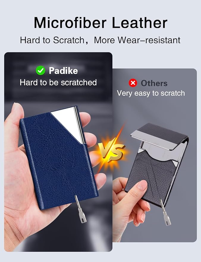 Padike Business Card Holder, Leather Business Card Case Pocket Card Holders for Men or Women, Metal Slim Name Card Holder RFID Blocking Business Card Carrier with Magnetic Closure(Z-Navy Blue)