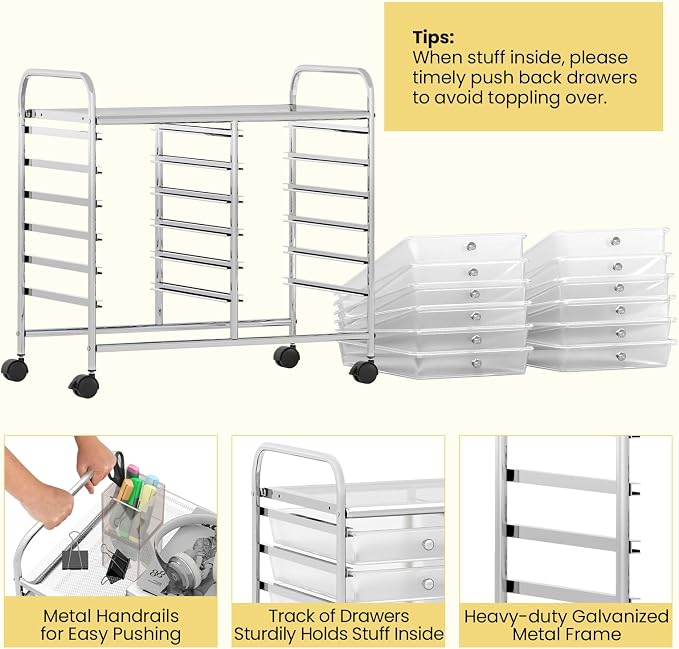 LDAILY 12 Drawer Rolling Storage Cart, Craft Cart Organizer on Wheels w/Metal Frame, Large Capacity & Smooth Drawer, Rolling Cart w/Drawers for Classroom, Office