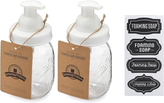 Jarmazing Products Mason Jar Foaming Soap Dispenser – White – with 16 Ounce Ball Mason Jar - Two Pack!