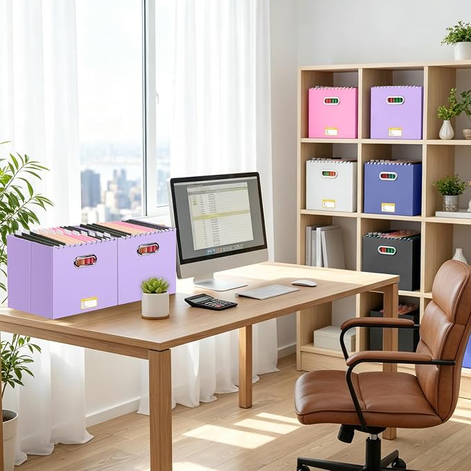 BALEINE File Organizer Box, Cardboard File Folder Organizer with Handle for Letter Size, Portable Collapsible Hanging Filing Box for Home Office Document Storage (4 Pack, Large Lavender)