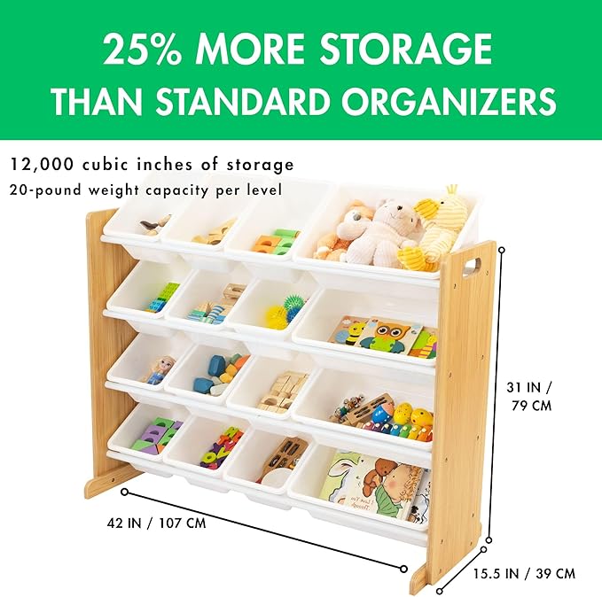 Humble Crew Toy Storage Organizer with 16 Removable Storage Bins for Kids Playroom, 4-Tier Toddler Toy Organization and Storage, Natural Wood/White