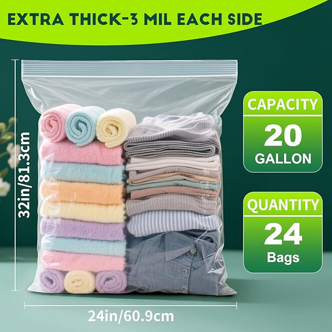 TUXIYA 24PACK 20 Gallon Extra Large Zipper Plastic Bags for Storage 24'' x 32'',Extra Large Clear Zipper Bags Reusable for Clothes, Home Moving, Travel, Camping, Thick 6 Mil