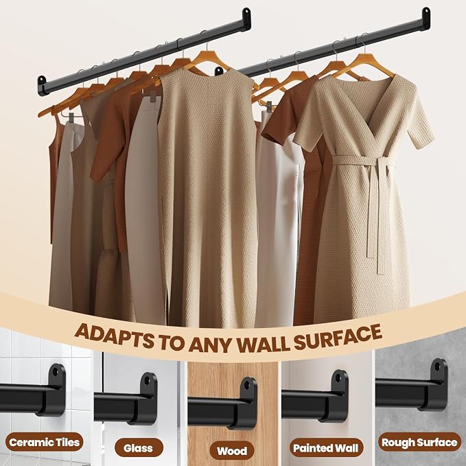 Mavivegue Oval Closet Rod, Adjustable Closet Rods – Expandable 17-40 Inches | Closet Rods for Hanging Clothes, Heavy Duty Closet Rods for Laundry Room, RV, Closet Storage (Black)