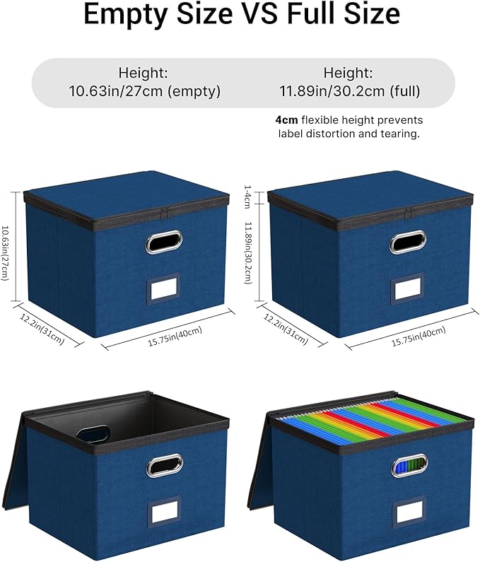 Oterri File Organizer Boxes with Lids, File Box with Mesh Pockets, Document Organizer Box for Letter Size Folders, Zippers Important Document Organizer (Dark Blue, Large-2 Pack Without Folders)