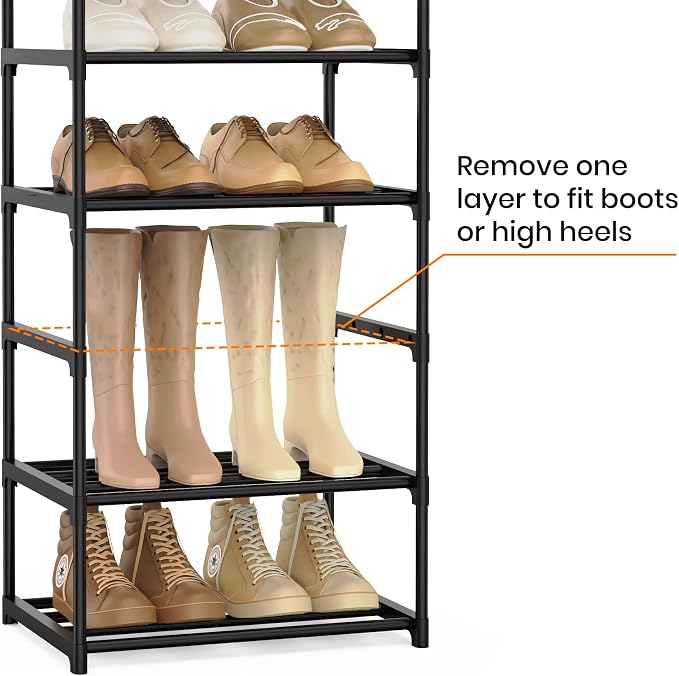 Narrow Shoe Rack 10 Tiers Tall Shoe Rack for Entryway Closet 20 24 Pairs Shoe & Boots Organizer Storage Shelf Durable Black Metal Stackable Shoe Cabinet with Hooks, 17.1D x 11.8W x 78.7H in