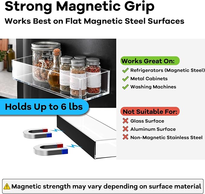 Magnetic Spice Rack Organizer for Refrigerator, Acrylic Magnetic Storage Shelf Set (5 Pack, 3 Sizes), Strong Fridge Organizer for Spices, Bottles, Wraps & Snacks, Space-Saving Kitchen Storage Solution