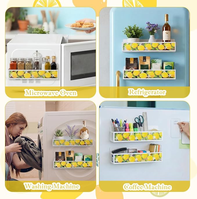 Beeveer 2 Pack Lemon Magnetic Spice Rack Metal Fridge Magnet Storage Shelf for Refrigerator Condiment & Seasoning Bottles, Farmhouse Kitchen Organizer Home Decor Accessories