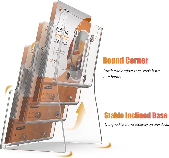 FUCDTEFC Acrylic Brochure Holder 8.5x11 & 4 x9 Inches, Clear 4 Tier Magazine Holder Brochure Display Stand w Removable Divider, Literature Pamphlet Flyer Holder for Wall Mount or Countertop