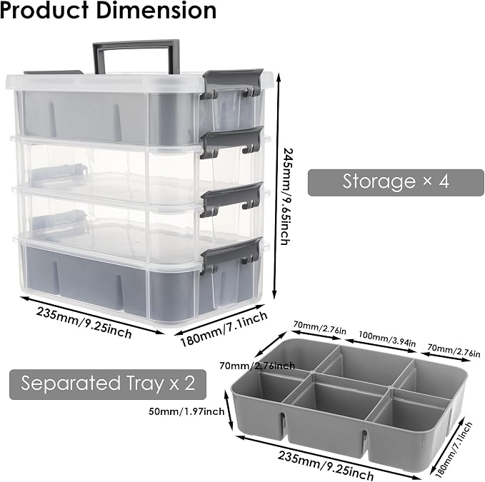 CraftGenes Craft Organizers and Storage, 4-Tier 10 Qt Box, 2 Trays, Grey | Clear Compartments; Dual Removable Inserts; Carry Handle; Side Latches; Beads, Ribbon, Stamps, Scrapbook Pieces, DIY Tools