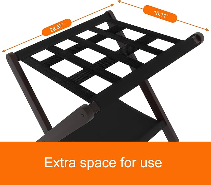Heybly Luggage Rack, Pack of 2, Folding Suitcase Stand with Storage Shelf, Heavy-Duty Luggage Holder for Guest Room Bedroom Hotel, Holds up to 165 lb, Black, HLR010Z2