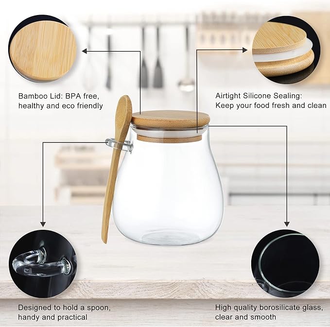 Joeyan Glass Jar with Airtight Bamboo Lid and Spoon Attached, 12 oz Salt Sugar Spice Seasoning Container, Clear Condiment Pot, Glass Food Storage Canister for Kitchen Countertop Pantry