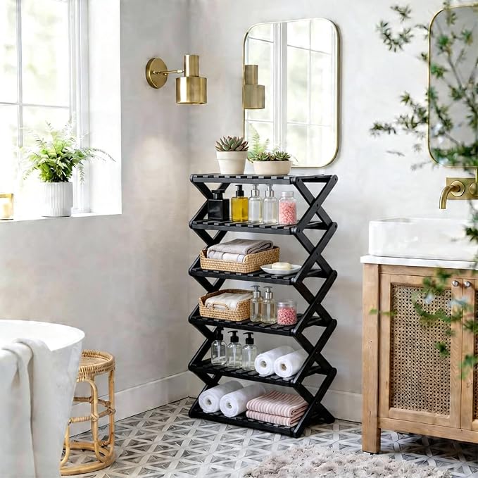 6 Tier Bamboo Shoe Rack Black,Portable Folding Shoe Storage Rack,Without Installation Small Shoe Rack Perfect for Corridors, Drom, Bedrooms and Small Spaces