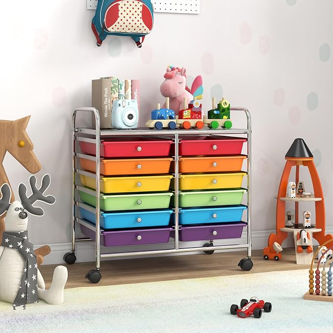 LDAILY 12 Drawer Rolling Storage Cart, Craft Cart Organizer on Wheels w/Metal Frame, Large Capacity & Smooth Drawer, Rolling Cart w/Drawers for Classroom, Office