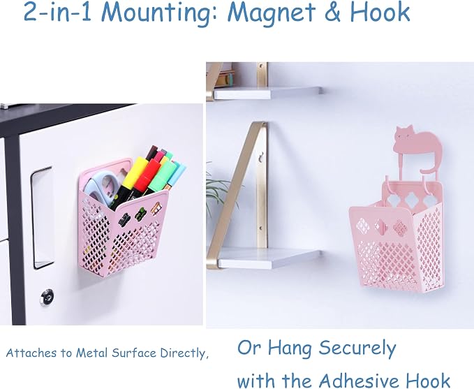 2 Pack Magnetic Pen Holder, Strong Magnet Dry Erase Marker Holder | Metal Mesh Pencil Organizer Hanging Pencil Holder for Refrigerator, Whiteboard, Locker Accessories, with Hook, Blush ﻿