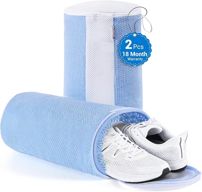 2-Pack Shoe Washing Machine Bags for Sneakers & Delicate Shoes, Blue | 3X Fade-resistant Fabric and 20,000+ Dense Fibers Lift Dirt, Protect Shoes and Reduce Scrubbing, Washer / Dryer Safe