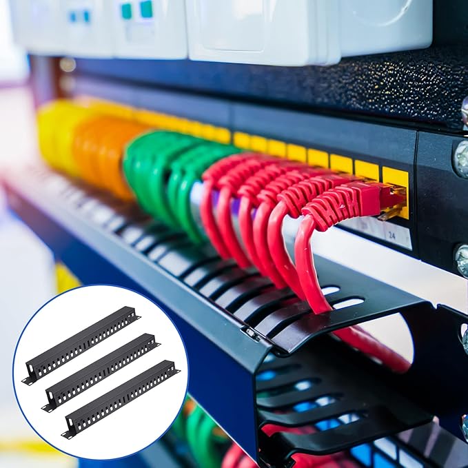 Leinuosen 4 Pcak 1U 19'' Cable Manager 24 Slot Horizontal Rack Mount Wire Management Server Rack Management Metal Finger Duct Wire Organizer with Cover and Mounting Screws for Network Cabinet