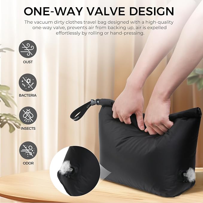 Travel Compression Laundry Bag, Pump-Free Vacuum Space Saver Bag for Dirty Clothes, Reusable Waterproof Wet Dry Bag, Travel Laundry Bag for Luggage, Packing, Suitcase (1 Pcs)（Black, L)