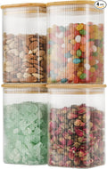 D2scrma 37oz Airtight Glass Square Storage Canisters with Bamboo Lids Set of 4 (1100ml) Striped Stackable Containers, Decorative Kitchen Jars for Tea, Nuts and Coffee (‎with Black Lable)