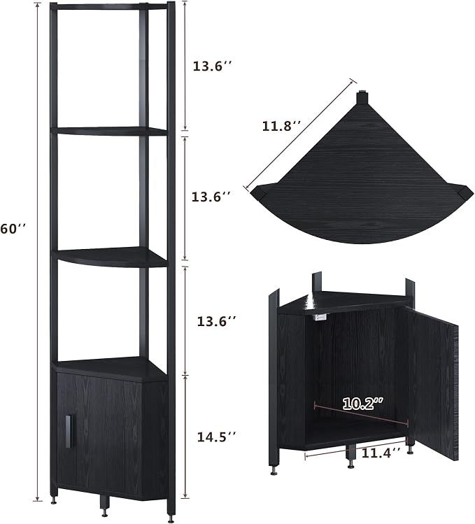 Corner Shelf with Storage, LED Lights 6-Tier Corner Bookshelf, 66'' Organizer Book Shelf Shelves Steel Frame Display Stand with Living Room, Bedroom, Study, Black