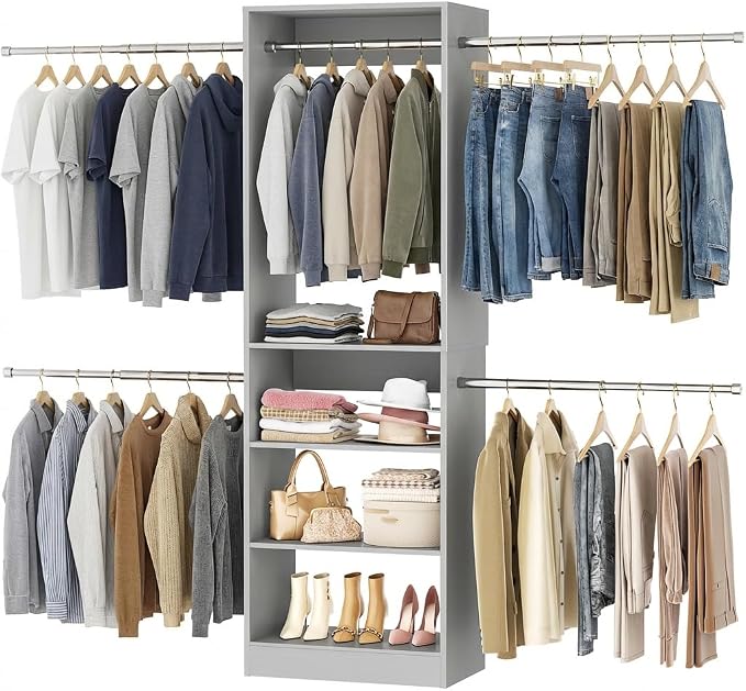 Homieasy Closet System, 4.5-11.5 Ft Expandable Closet Organizer with 5 Hanging Rods, Walk-in Wood Closet Organizer System with Storage Tower, Heavy Duty Garment Rack Wardrobe for Bedroom, Gray
