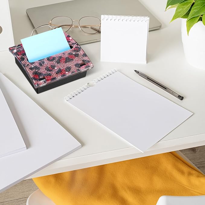 Barydat Rhinestone Self Stick Note Dispenser 4 x 4 Inches Pop up Note Pad Holders with Leopard Print Top Sticky Memo Holder for Office Home Classroom Desk Supplies