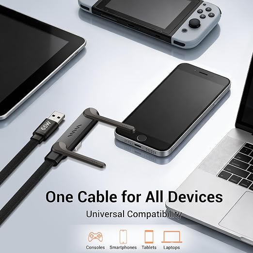 Invisible Holder Charger Cable, Fast Charging Cable for Desk, USB-A to Type-C (65W) & USB-A to Type-C (65W) Cable 4.9 FT with 360° Adjustable Metal Stand, 2 in 1 Holder Charger for Gaming, Office